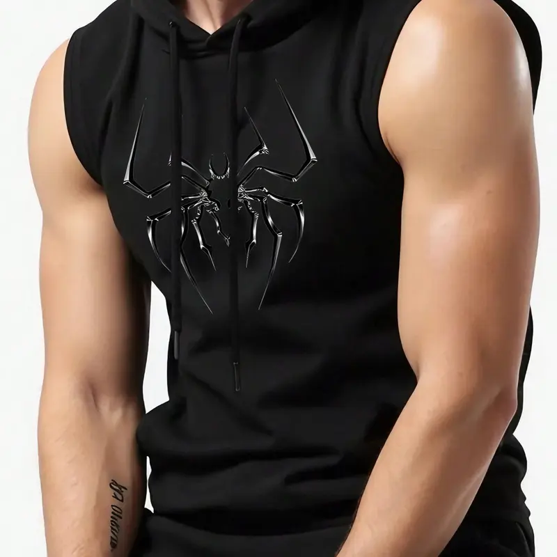Men's Regular-Fit Sleeveless Hoodie, Spider Logo Graphic Print, Comfortable Fabric, Casual Summer Training Top and Streetwear, Graphic Hoodies
