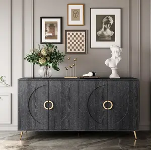 Roomfitters Modern 4 Door Lacquered Wooden Cabinet, Sideboard Buffet with Gold Accents, Storage Cabinet for Living Room, Hallway, Kitchen, Dining Room, Charcoal Gray