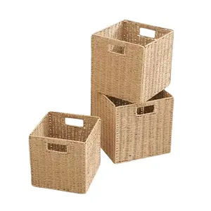 3-Piece Handmade Paper Woven Basket, Foldable Cube Storage Box, Organizer for Shelves, Miscellaneous Storage Basket, Wardrobe Organizer