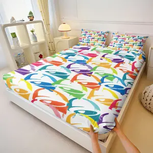 Rainbow Art Graffiti Bed Sheet Set, Includes 2 Coreless Pillowcases, Vibrant Color Anti-Slip Full Wrap Bed Sheet, 3 Piece Set