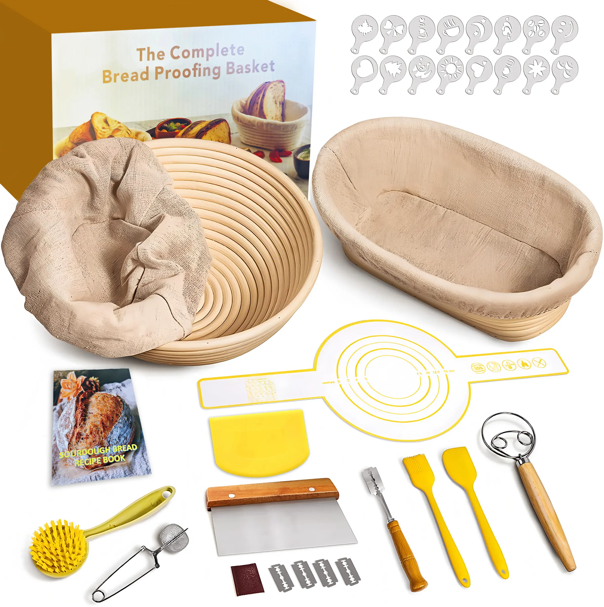 14 Pcs Silicone Banneton Bread Proofing Basket Set (Oval & Round) With All Accessories , 2 Sourdough Proofing Baskets (9" Round & 10" Oval) , Full Set for Bread Making With Essential Tools