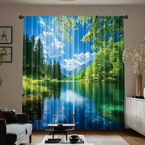 2 pieces, green forest lake view curtains, pole bag design - solemn natural scene with mountain and stream pattern, suitable for bedroom, office, kitchen, living room, study home decoration, suitable for Christmas decoration, Window Curtain