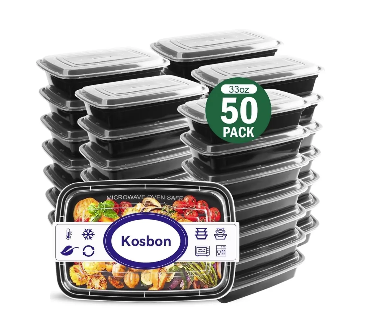 Meal Prep Containers, 50 Packs Plastic Food Storage Containers with Lids, 32oz Bento Box Reusable, To Go Containers Disposable, BPA Free