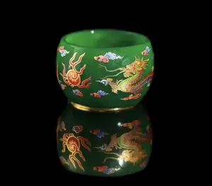 Master-crafted Luili Cup from Kiln No. 1 Green with Dragon and Fish Design Handmade Artisanal Craftsmanship