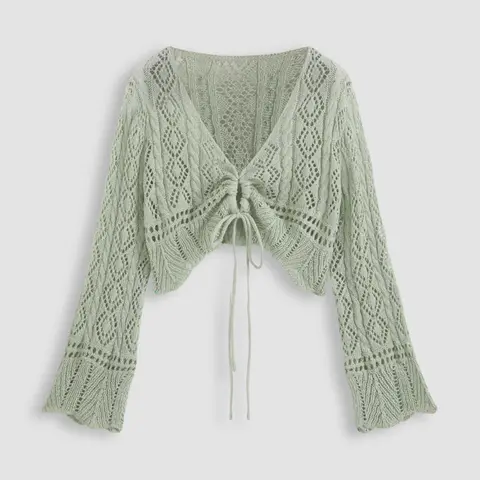 [Plus Size] Hollow Out Drawstring Sheer Cardigan Sweater, Casual Flounce Sleeve V Neck Knitwear Top for Spring & Fall, Women's Plus Clothing for Daily Wear #GLOBAL PICKS