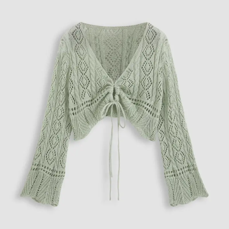 [Plus Size] Hollow Out Drawstring Sheer Cardigan Sweater, Casual Flounce Sleeve V Neck Knitwear Top for Spring & Fall, Women's Plus Clothing for Daily Wear #GLOBAL PICKS