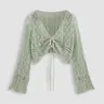 [Plus Size] Hollow Out Drawstring Sheer Cardigan Sweater, Casual Flounce Sleeve V Neck Knitwear Top for Spring & Fall, Women's Plus Clothing for Daily Wear #GLOBAL PICKS
