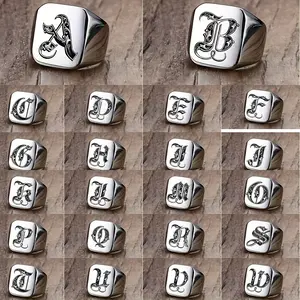 1pc Men's Fashion Square Stainless Steel Ring - Trendy 26 Letters Engraved Design, Durable, Hypoallergenic, Comfortable to Wear, Perfect for Everyday Use