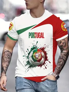 Men's Portugal Football Theme 3D Printed Soft, Colorful, Fitted T-Shirt, Vibrant Portuguese Flag and Soccer Design, Casual Short Sleeve Round Neck Tee, Casual Summer Tee
