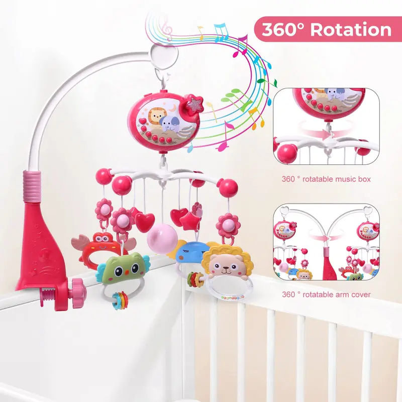 Baby Sensory Musical Crib Hanging Toy with Light and Projector, Musical Light-Up Feature, Remote Control and Timer Function, Sensory Rattles, Newborn Rotating Electronic Rattle Toy for Infants 0+ Months