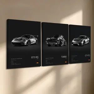3 Pcs/Set Wooden-Framed Canvas Painting, Black & Silver Sports Car Triptych Canvas Wall Art, Modern Supercar Print for Living Room, Bedroom, Office Decoration, Modern Home Decor, Fashion Artistic Ornaments, Artwork