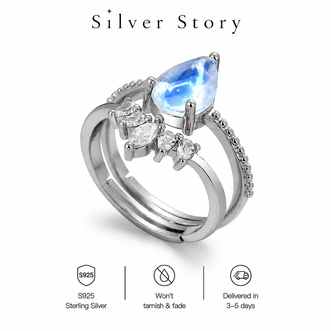 S925 Sterling Silver Synthetic Moonstone Stacking Ring Set for Women, Adjustable Open Crown Ring with Sparkling Cubic Zirconia, Elegant Promise Engagement Wedding Jewelry Gift for Birthday, Anniversary, Christmas & Valentine's Day