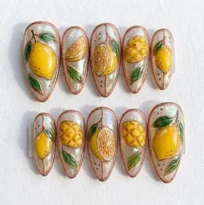 3D Lemon And Mango Press On Nails Mediterranean Summer Fruit Pearl Shell Zesty Yellow Nails