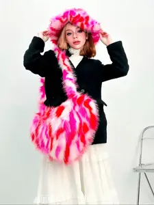 Women's Fashionable Colorblock Plush Heart Shaped Bag & Hat Set, Casual Street Fuzzy Crossbody Bag & Hat, Trendy Fluffy Bag Set for Daily Use