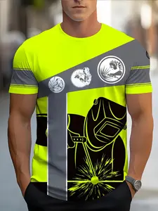 Men's Neon Printed T-Shirt, Engineer Blueprint Design, Safety Hat Wrench Element, Creative Occupational Wear, Casual Long Sleeve Top