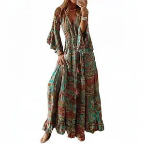 Sexy Retro Ethnic V Neck Short Sleeve Maxi Dress for Women Elegant Boho Print A-Line Spliced Holiday Evening Halter Top Prom Dress Wedding Guest Dresses Sundress Casual Womenswear Vneck Floral Vneck Vneck