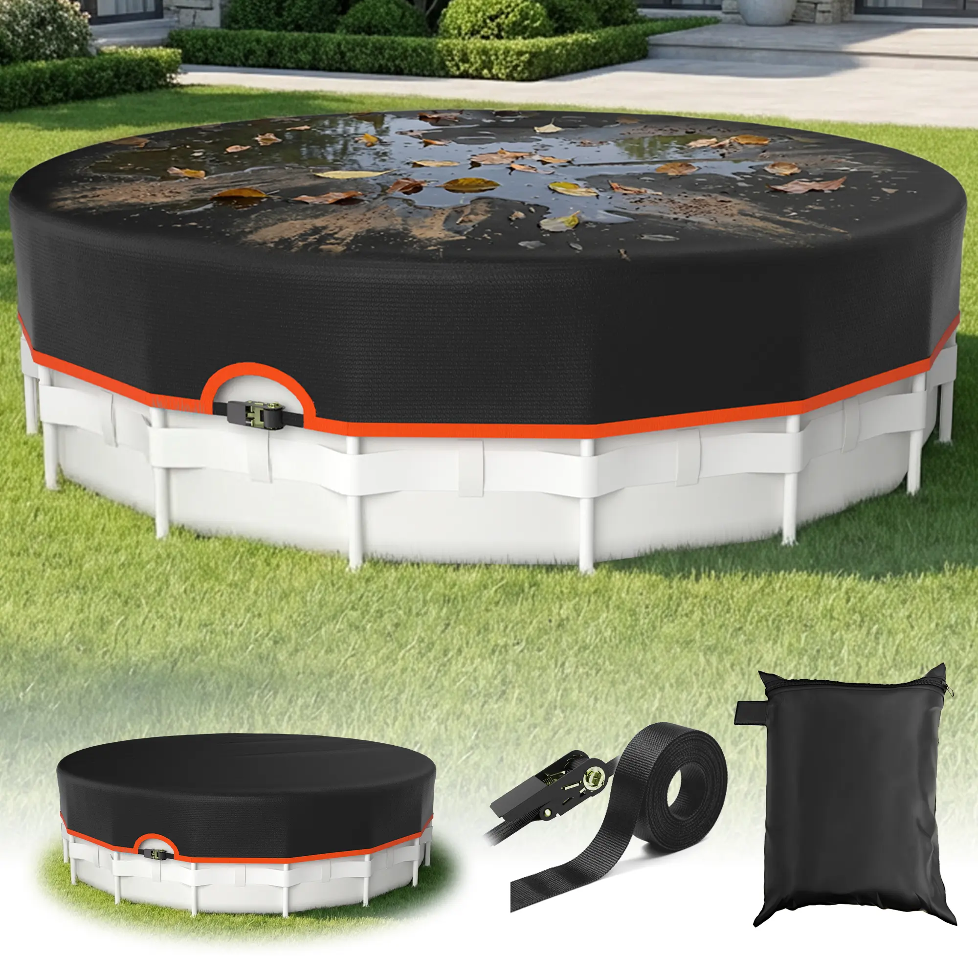 Upgraded 24FT round pool cover for above-ground round pools. It features a heavy-duty mechanical locking system with strong stability, designed to resist strong winds. It is waterproof, UV-resistant, and helps prevent green algae growth. inflatable
