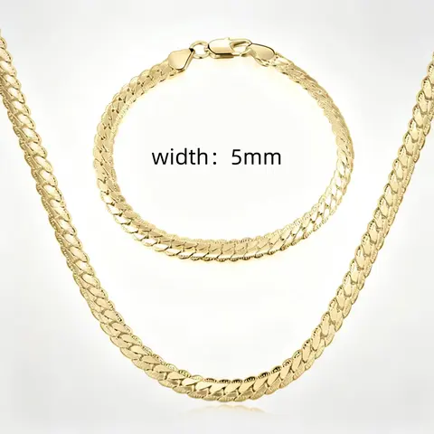 18K gold plated Necklace&bracelet set Cuban Link Chain, Flat Curb Chain Necklaces Unisex, Chunky Hip Hop Neck Chain,5mm Width, 19.68/21.65/23.62 Inches Length Jewelry for Mens Women