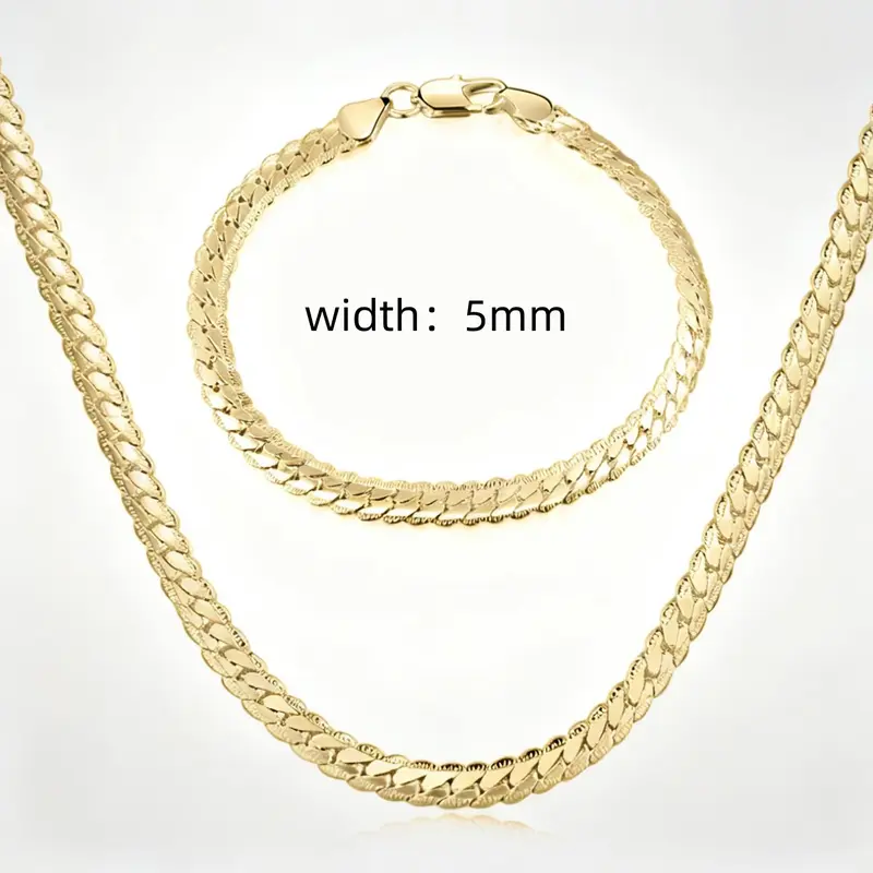 18K gold plated Necklace&bracelet set Cuban Link Chain, Flat Curb Chain Necklaces Unisex, Chunky Hip Hop Neck Chain,5mm Width, 19.68/21.65/23.62 Inches Length Jewelry for Mens Women
