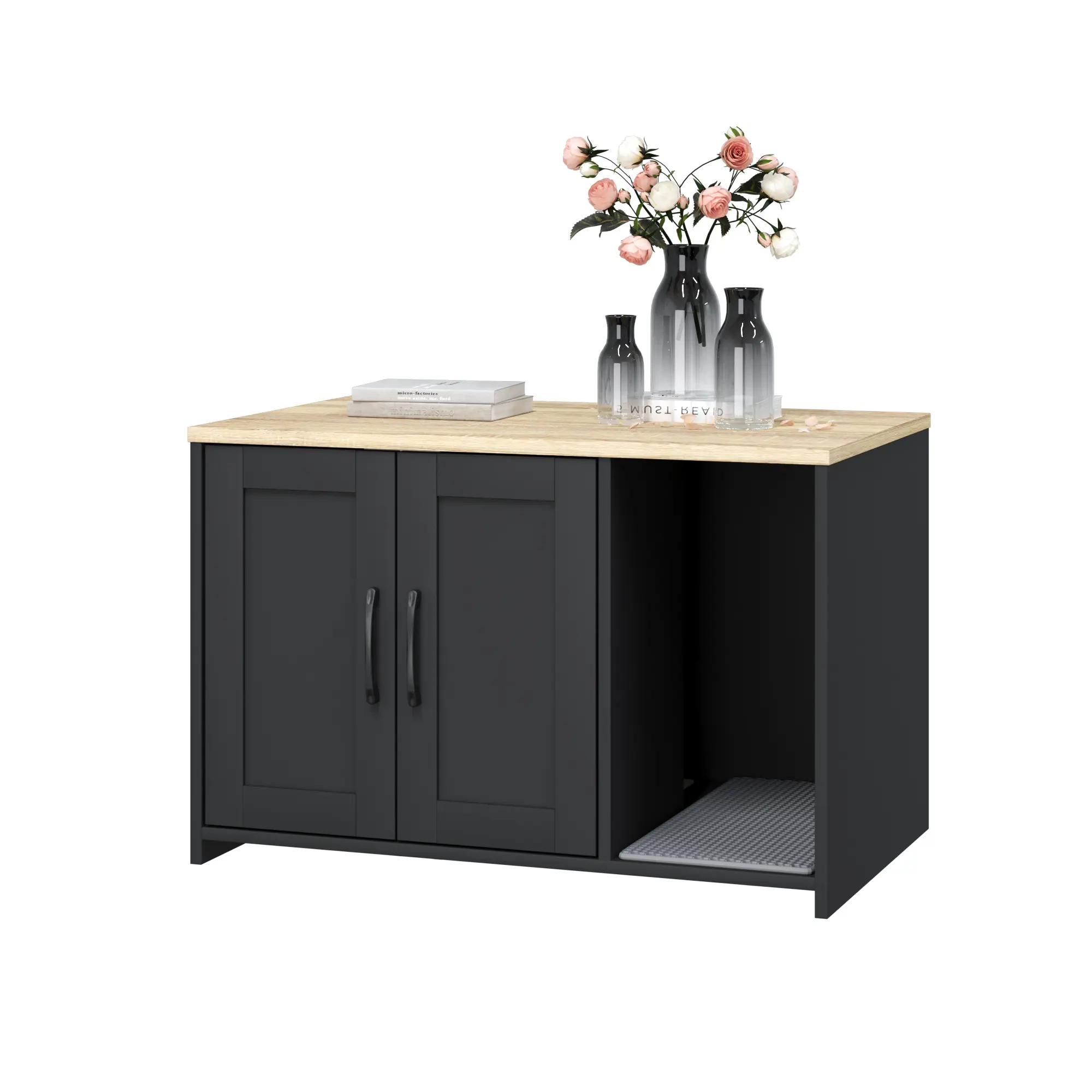 Black Wooden Hidden Litter Box Enclosure with Double Framed Doors, Large Cat Litter Box Cabinet with Litter Trapping Mat & Side Sand Zone, Indoor Decor Cat Washroom Furniture for Large Cats