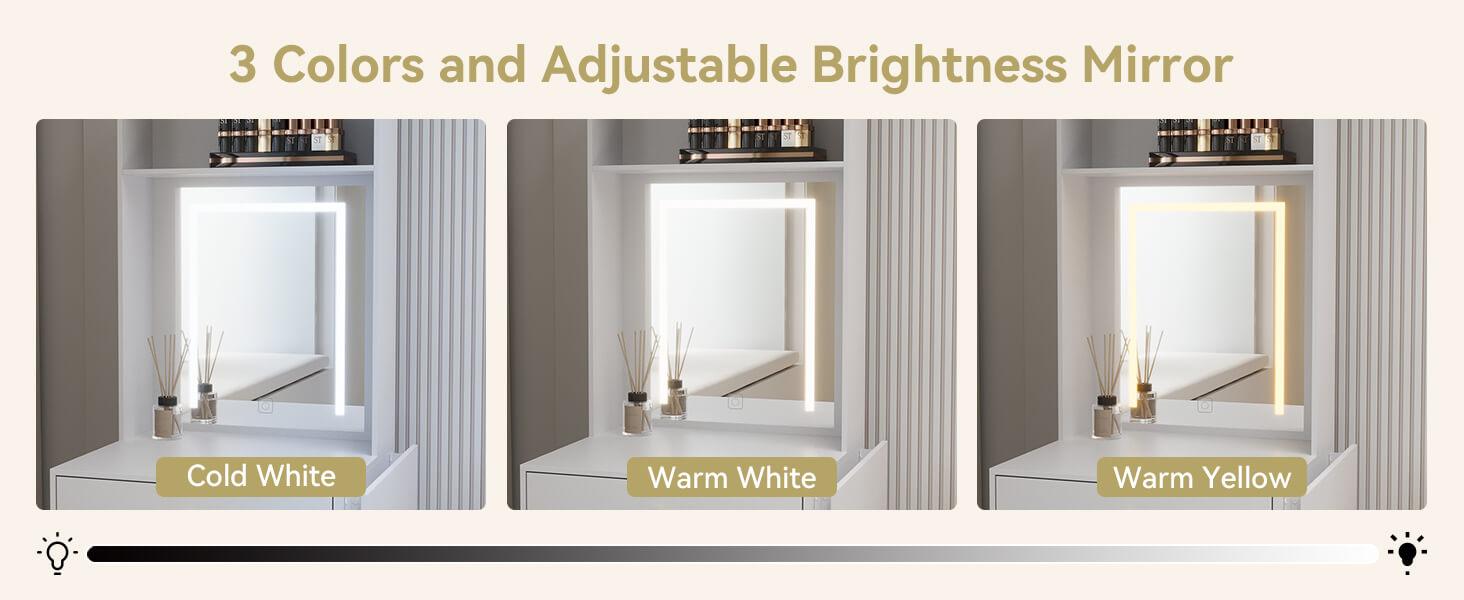 Small Vanity Desk Set with 3 Adjustable Lighted Mirror and Storage Chair IF018,  MDF panels