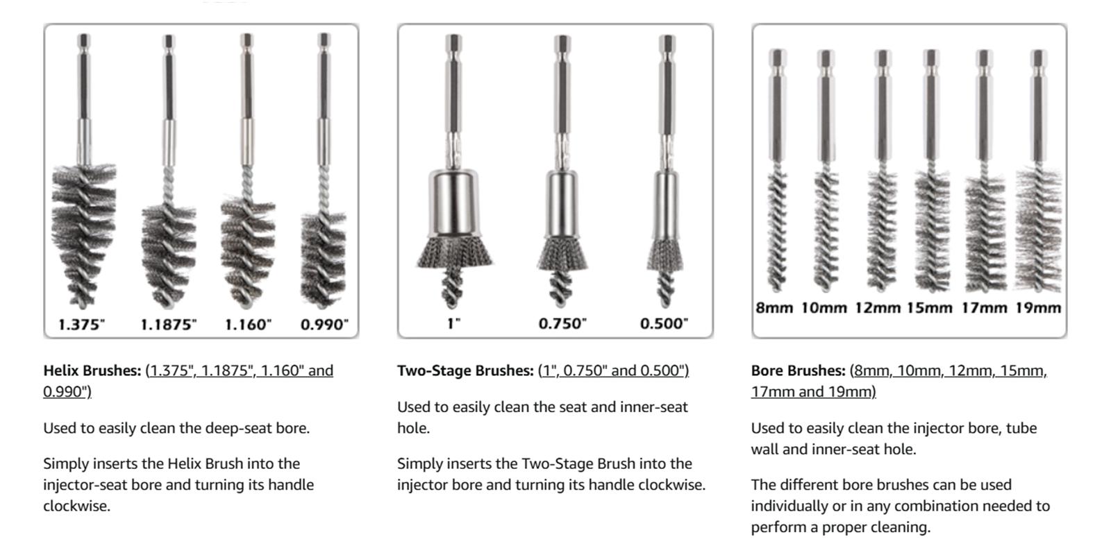 Professional Diesel Injector-Seat Cleaning Kit 8090S on Cylinder Heads, Including Helix Brushes, Two-Stage Brushes, Bore Brushes and Swabs (Stainless Steel, 17-Pack)