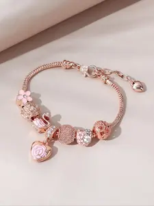 Elegant Heart & Flower Design Charm Bracelet, Exquisite Trendy Beaded Bracelet, Fashionable All-match Iced out Jewelry for Daily & Party Decoration
