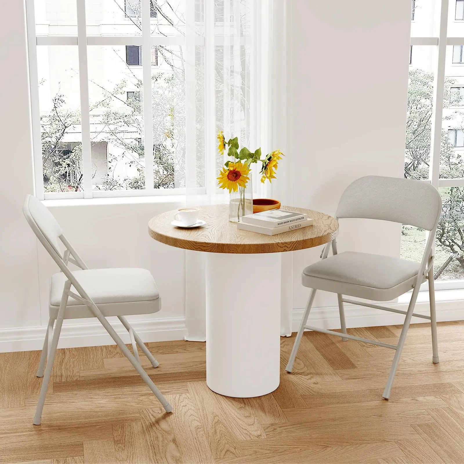 GAOMON Padded Folding Chairs Set of 2, PU Leather Cushion with Steel Frame, Heavy Duty, Foldable for Dining Room, Office, Party, Wedding & Event, Beige