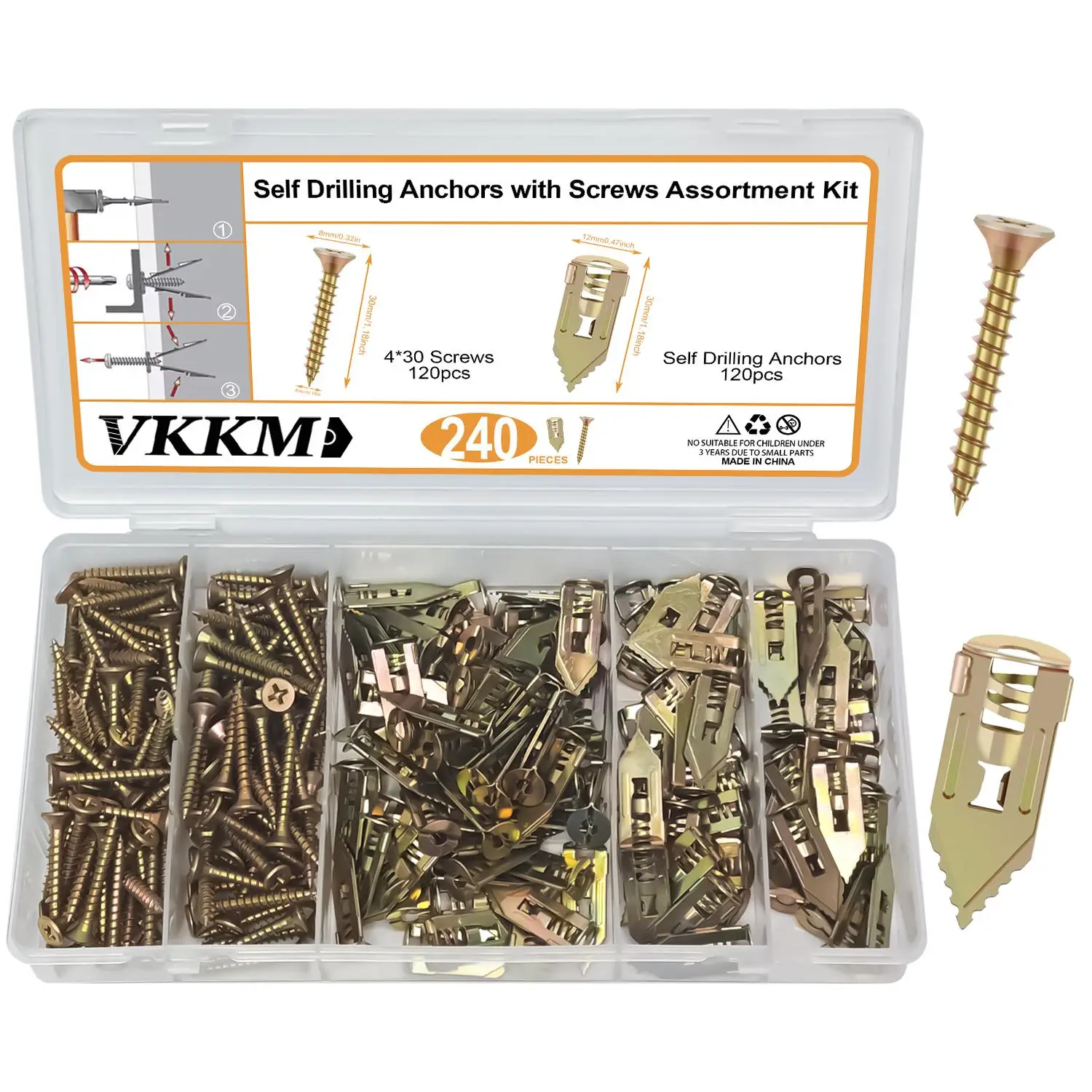 Self Drilling Anchor & Screw Set, Plastic Boxed Anchor & Screw Assortment Kit, Wall Hanging Fastener for Home & Office