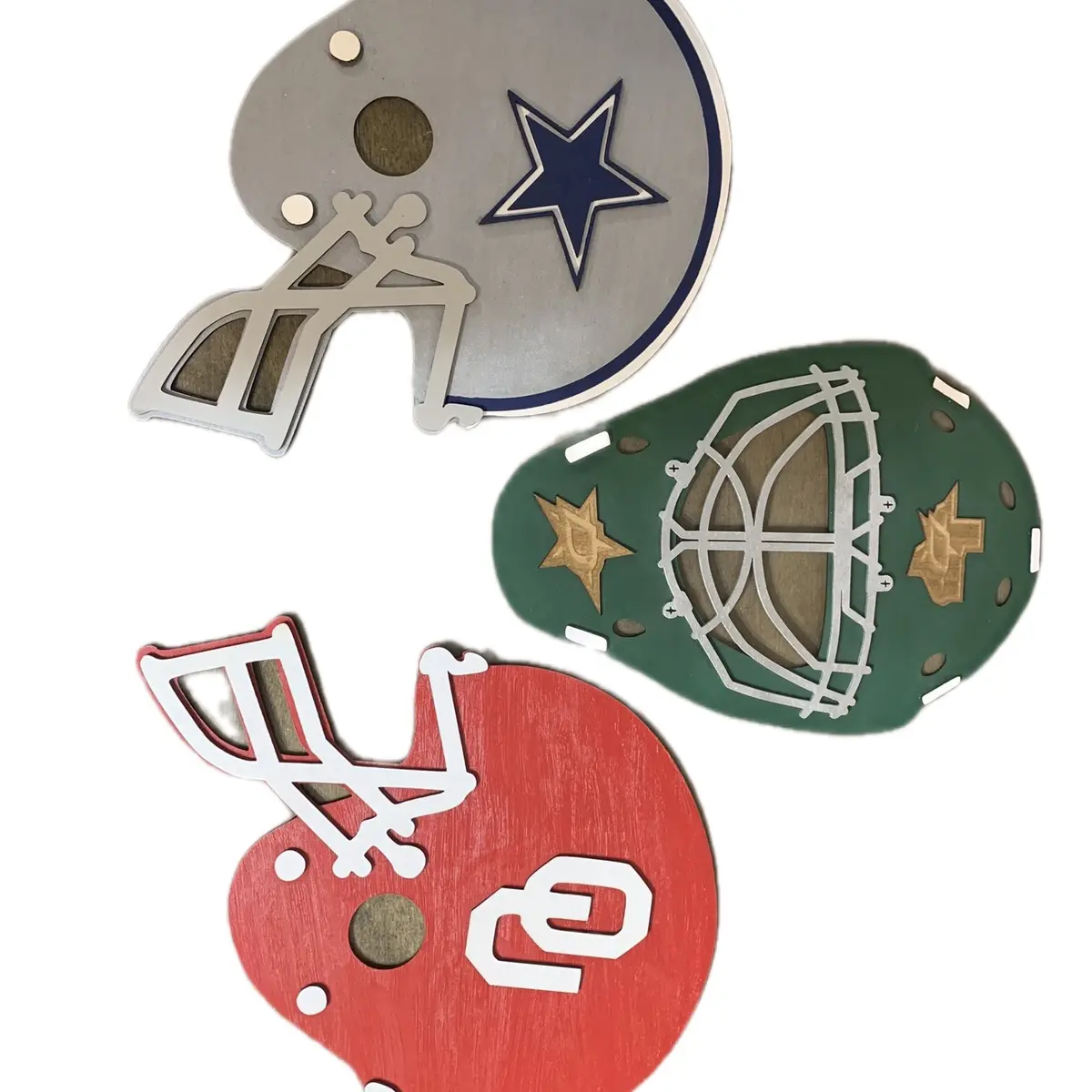 Laser cut wooden, hand painted sports helmet