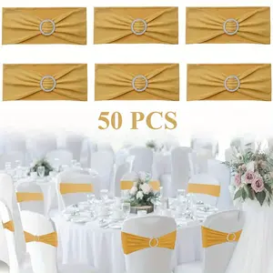 50PCS Spandex Chair Sashes Bands Stretch Chair Ties Bows with Buckle Slider for Wedding Party Banquet Decoration, Gold