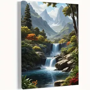 1pc Turquoise & Golden Waterfall Mountain Scenery Canvas Painting - Wall Art Poster 24"x36", Wrap-Around  Frame, Turquoise & Golden  for Living Room, Bedroom, Bathroom Decor - Classic Elegant Mountain Waterfall Art, 2D Flat	
