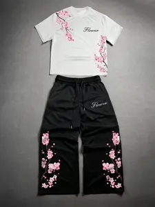 Cherry Blossom Printed Two-Piece Set | Japanese-style Ume Pattern Short Sleeve + Wide-Leg Pants Set, Sweet Loose Casual Sportswear, Activewear Set