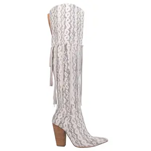 Dingo Womens Kitty Kat Fringe Snip Toe  Casual Boots Over the Knee High Heel 3" & Up - White