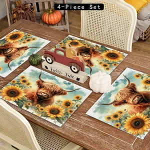 Cute Highland Cow Sunflower Placemats Set of 4, Shabby Chic Farm Animal Print, Washable Waterproof Table Mats for Kitchen Dining Decor