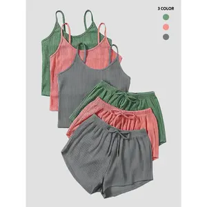 Six-Piece Set Women's Plain Basic Fitted Ribbed Shorts Set, Casual Soft Crop Spaghetti Strap Cami Top & Elastic Waist Shorts Set, Summer Clothes, Summer Outfits Set for Outdoor Holiday, Cute Summer Outfit