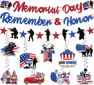Memorial Day Decorations Banner and Hanging Swirls, No-DIY Memorial Day Remember and Honor Banner Set Glitter Blue Red and White Patriotic Decorations for Office Indoor Outdoor Party Supplies