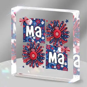 Independence Day Acrylic Desk Decor, Blue Daisy Bow Design, American Patriotic Desktop Decoration Gift, Unique Tabletop Ornament