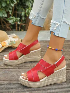 Women's Summer New Thick Sole Wedge Sandals, Fashionable Wedge Shoes, Breathable Hollow Out Toe Roman Shoes, Multi-Color Options, Velcro Platform Beach Slippers