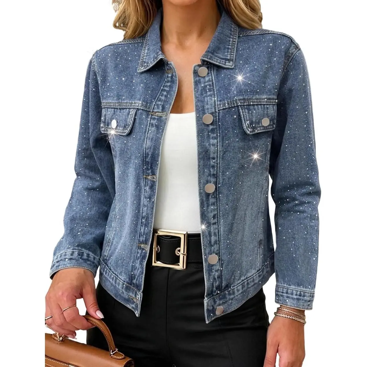 Womens Rhinestone Denim Jacket Sparkly Cropped Jean Coat