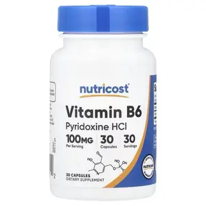 Nutricost Edible Vitamin B6 Pyridoxine HCl 100 mg Dietary Supplement - 30 Vegan, Non-GMO Capsules for High-Potency Energy Support