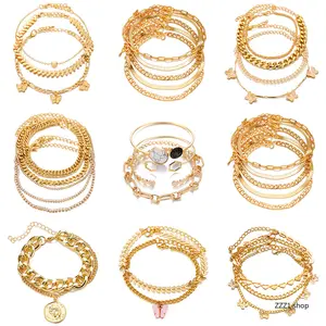 Boho Gold Layered Anklet Set for Women, Trendy Chunky Curb Chain, Aesthetic Butterfly Heart Arrow Pendant Multi Layer Foot Leg Jewelry Gift for Summer Beach Vacation