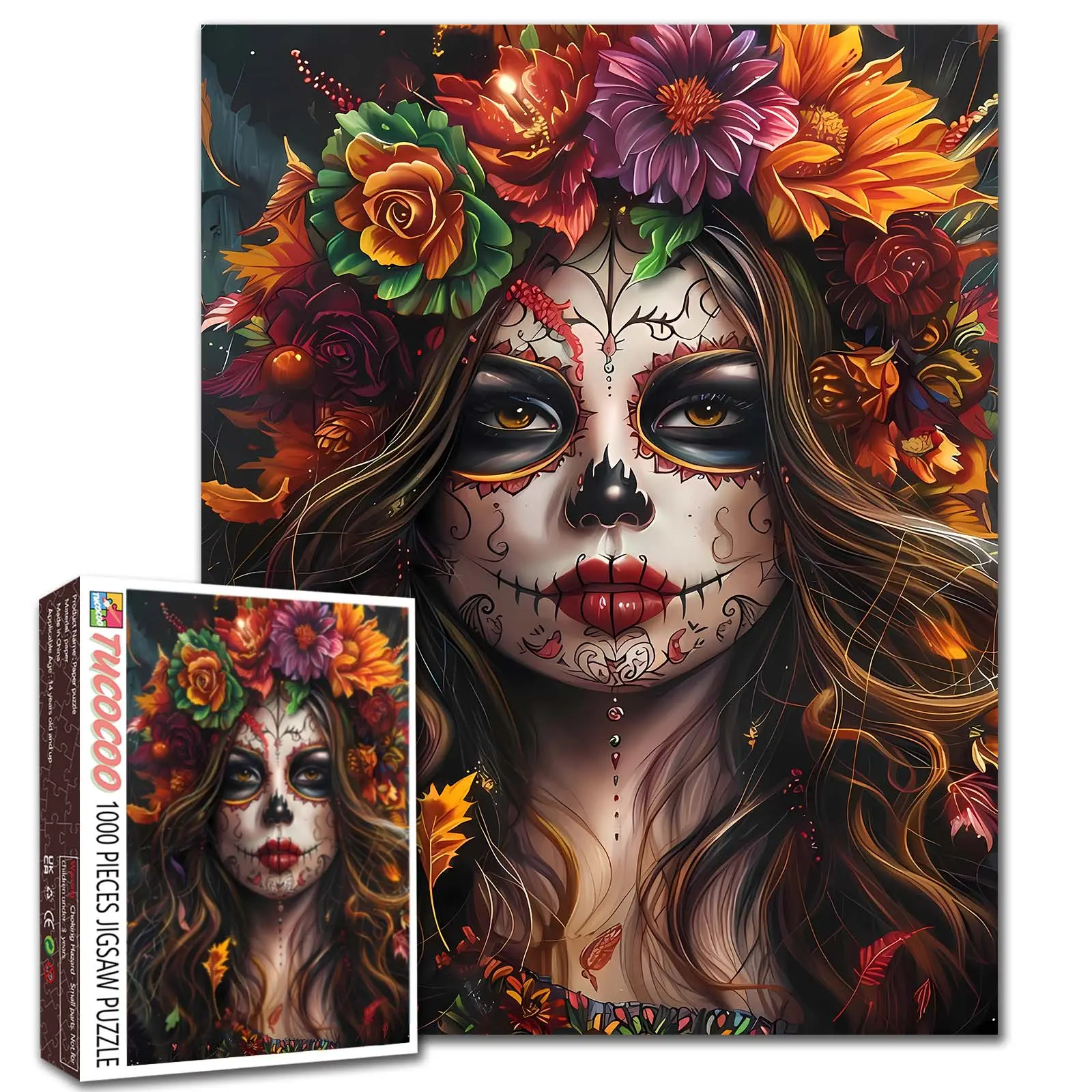 Tucocoo Sugar Skull Girl 1000 Pieces Jigsaw Puzzle, wall decor, stress relief, brain training, gift idea, challenging, family game, 27.56x19.69inch(70x50cm)