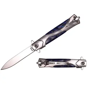 8.75" Polished Stainless Steel Blade Spring Assisted Folding Knife With Blue Marble Resin Inlay Handle
