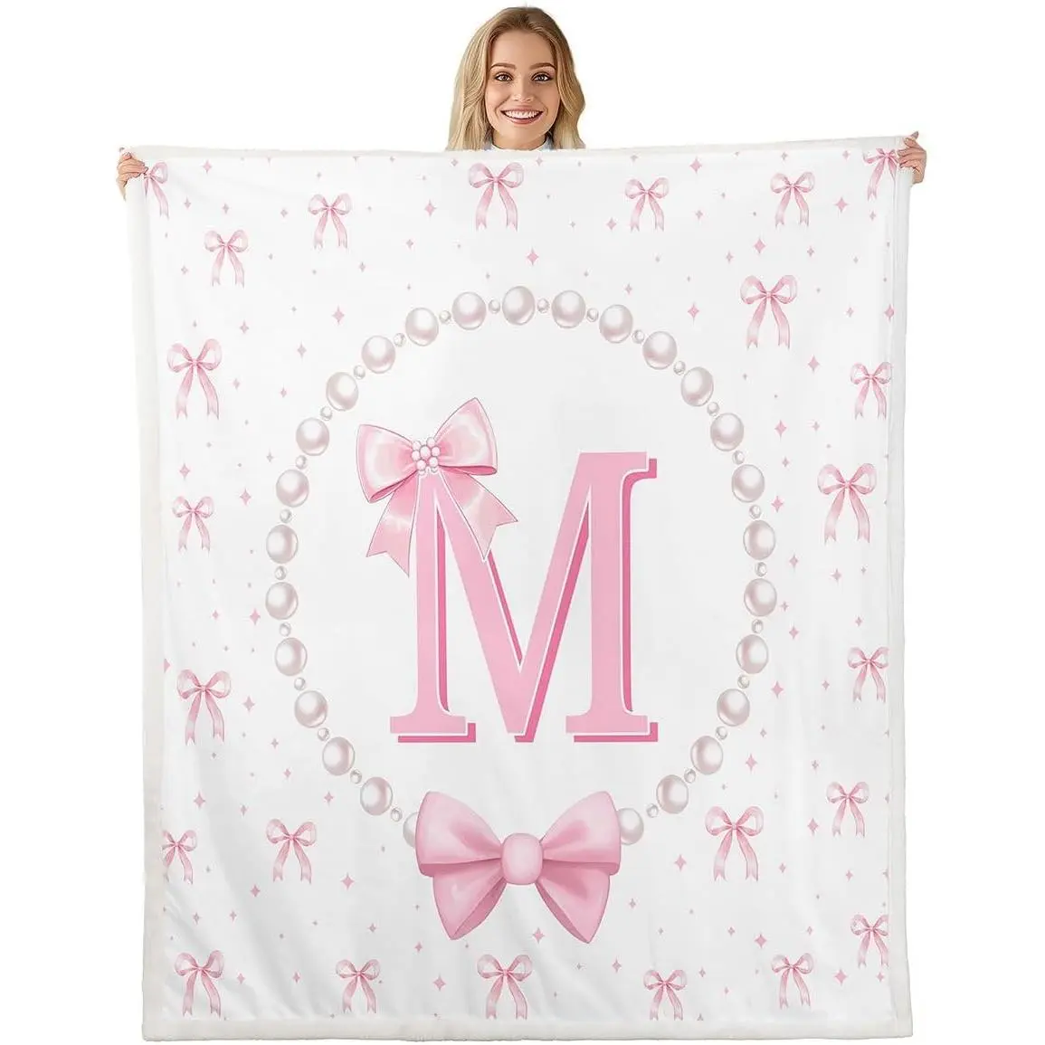 Cute Pink Bow Blanket Throw - Monogrammed Initial M Blankets Throws,Princess Pink Ribbon Bows Fleece Blanket,Bow Tie Bedroom Room Decor