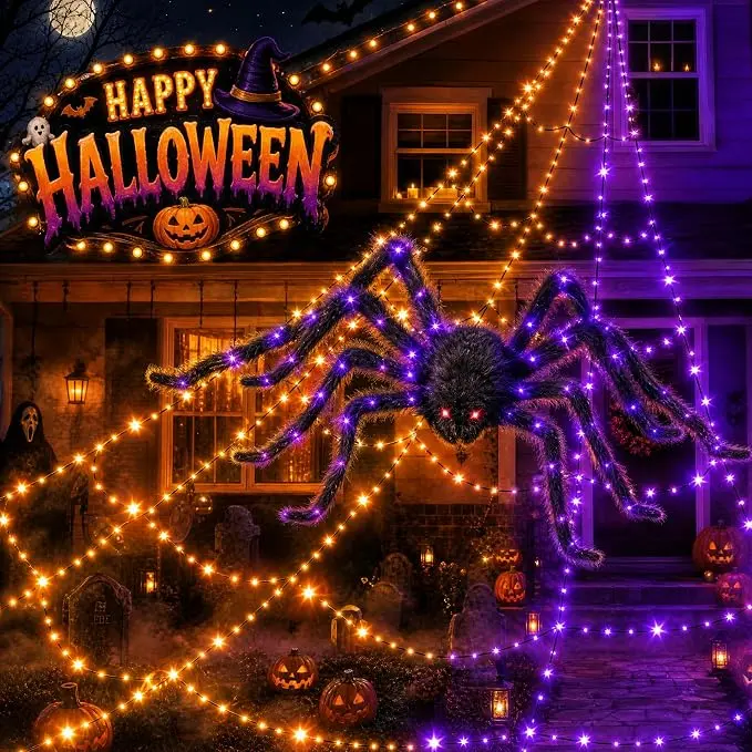 Halloween Spider Web Lights 455 LEDs Purple Orange - 8 Lighting Modes Remote Control