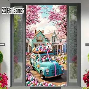 2D flat banner, 1pcVibrant Easter Vintage Truck Decor, Pastel Eggs Bunny Party Backdrop, Spring Cherry Blossom House Scene Easter Decorationsgalentines party decor, valentine day decor, decorations for valentines day