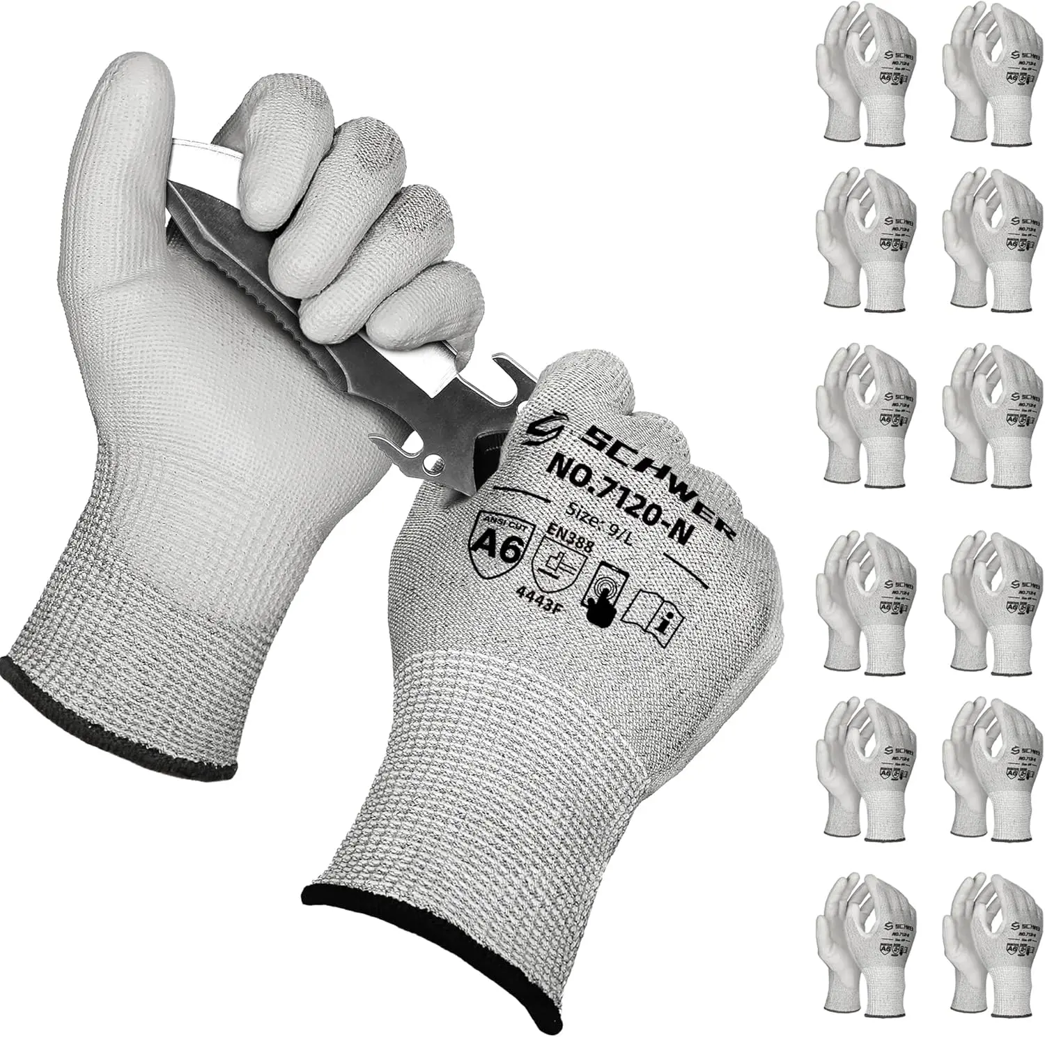 Schwer 12 Pairs ANSI A6 Safety Cut-Resistant Gloves CR7120, Touchscreen Work Gloves for Men, Woodworking, Glass Cutting, Construction