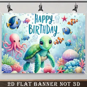 2D Flat Banner, 1pc Ocean Adventure Birthday Banner with Turtle & Sea Creatures - Vibrant Polyester Underwater Party Backdrop, Colorful Marine Theme Decoration for Cake Table or Wall Decor, Ocean Theme Party | Vibrant Underwater Design