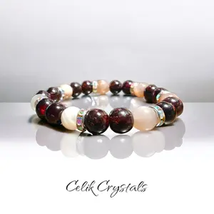 Red Garnet Multi Color Moonstone Bracelet Natural 8mm Stones Celik Crystals Signature Line Healing Bracelet